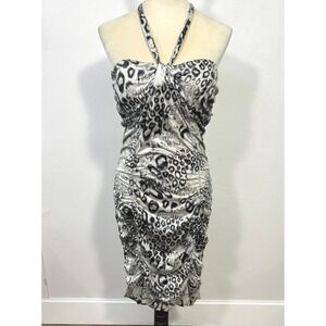 Y2K Halter Bodycon Dress XL Ruched Animal 2000s Clubwear Mob Wife Glam‎ Night